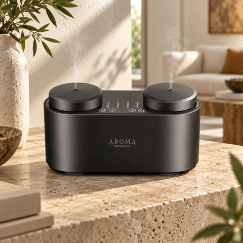 Black TwinFlow dual-nozzle waterless diffuser on a stone console