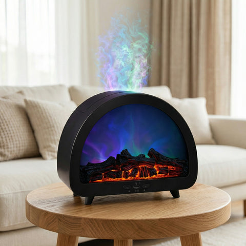 Black arch-shaped fireplace aurora diffuser with colorful flame LED and log display misting, Aroma Paradise