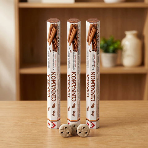 Aum Cinnamon bambooless incense sticks 3-pack with 3 metal coil holders on light oak wood surface
