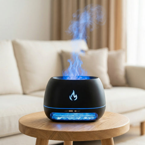 Black round Himalayan Salt Lamp Flame Diffuser with blue flame effect and salt crystal base - Aroma Paradise