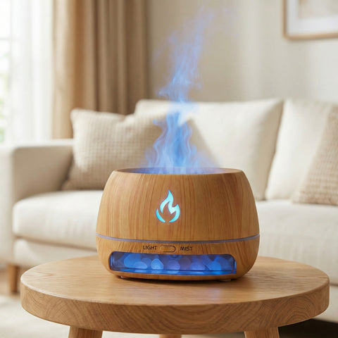Round wood-grain Himalayan salt lamp diffuser with blue LED flame and salt crystals misting, Aroma Paradise