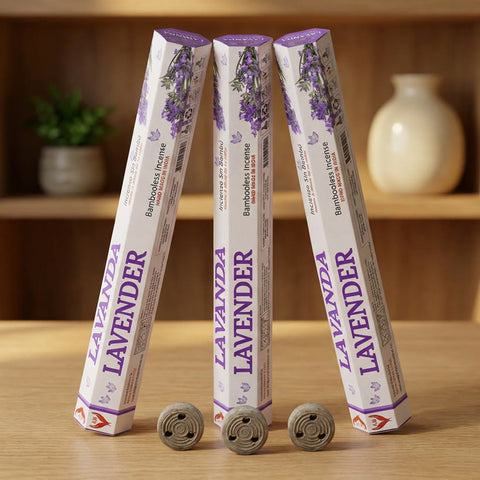 Aum Lavender bambooless incense sticks 3-pack with 3 metal coil holders on light oak wood surface