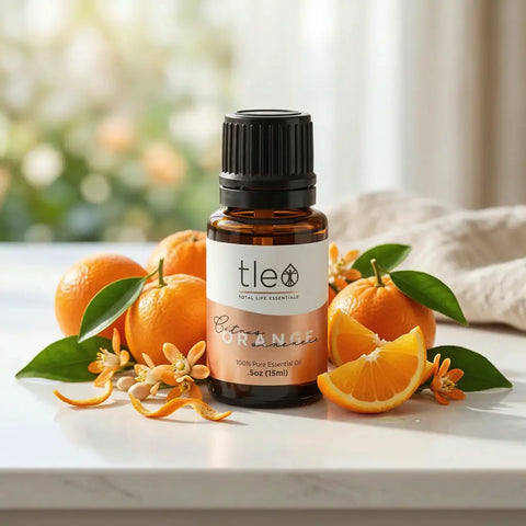 Bottle of tle Orange essential oil with oranges and leaves on a light surface