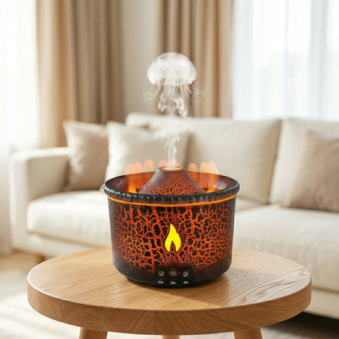 Dark lava-textured Mega Volcano diffuser with jellyfish mist and orange flame effect - Aroma Paradise