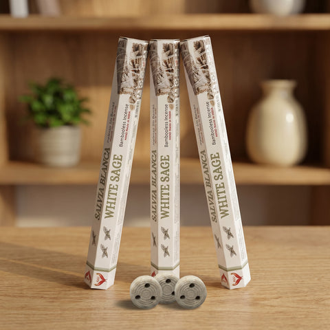 Aum White Sage bambooless incense sticks 3-pack with 3 metal coil holders on light oak wood surface