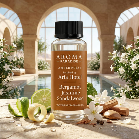 Aroma Paradise Amber Pulse waterless fragrance oil in an immersive Aria Hotel inspired destination setting
