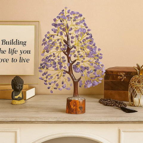 Amethyst Healing Crystal Money Tree with 300 Gemstones for Calm, Protection, Prosperity - crystal gemstone tree for feng shui - Aroma Paradise