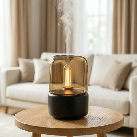 Candlelight Flame Diffuser with amber glass dome, warm filament glow and black base misting - Aroma Paradise