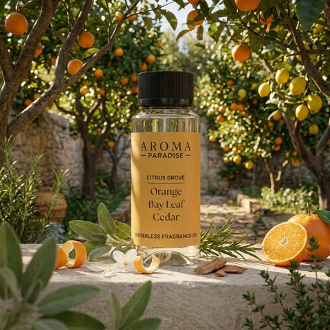 Aroma Paradise Citrus Grove waterless fragrance oil in an immersive citrus garden setting