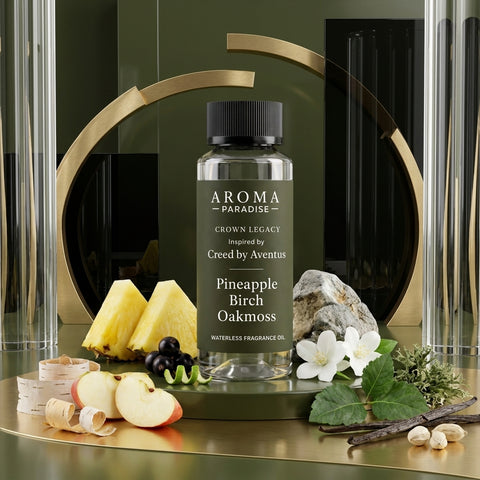 Aroma Paradise Crown Legacy perfume-inspired waterless fragrance oil in a luxury perfume editorial set