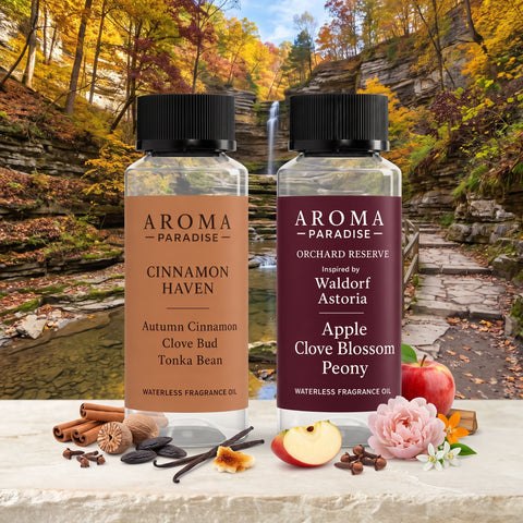 Fall Scent Duo with Cinnamon Haven and Orchard Reserve waterless fragrance oil bottles in a sunlit autumn woodland setting