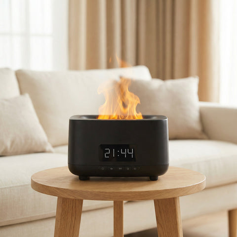 Black Bluetooth alarm clock flame diffuser showing digital time display with fire effect - Aroma Paradise