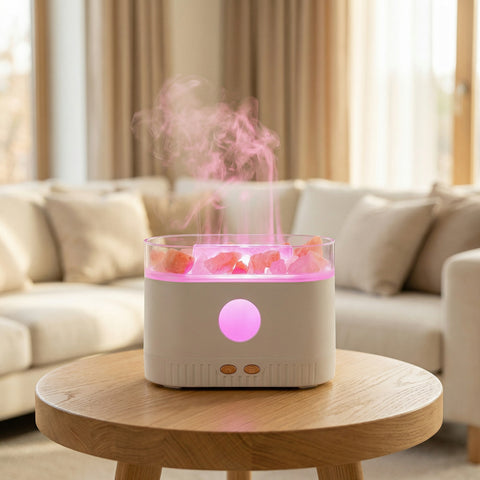 White Himalayan salt lamp flame diffuser with pink glowing salt crystals and LED in living room - Aroma Paradise