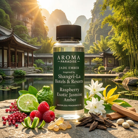 Aroma Paradise Jade Ember waterless fragrance oil in an immersive Shangri-La Hotels & Resorts inspired destination setting