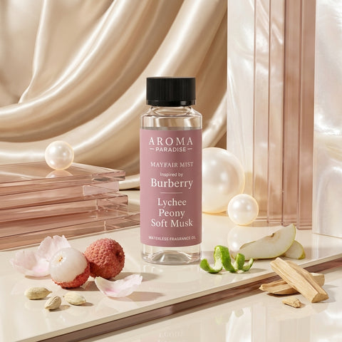 Aroma Paradise Mayfair Mist perfume-inspired waterless fragrance oil in a luxury perfume editorial set