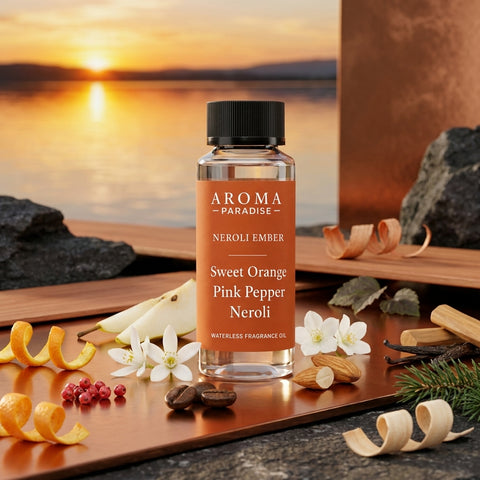 Aroma Paradise Neroli Ember waterless fragrance oil in an immersive nature scent setting