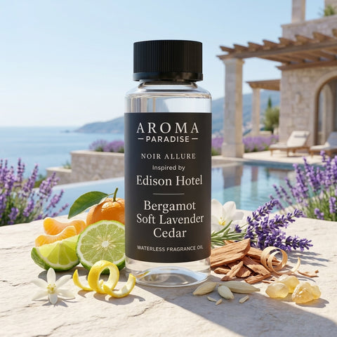 Aroma Paradise Noir Allure waterless fragrance oil in an immersive Edison Hotel inspired destination setting