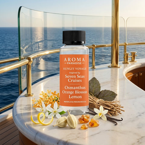 Aroma Paradise Sunlit Voyage waterless fragrance oil inspired by Seven Seas Cruises in an immersive destination scent setting