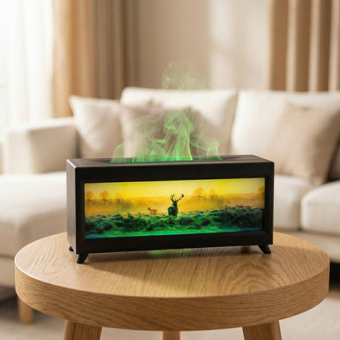 Black rectangular Sunset Flame Diffuser with green LED deer scene and flame effect on wood table - Aroma Paradise