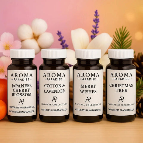 Waterless Fragrance Oil 4-Pack #1 –Japanese Cherry Blossom, Cotton and Lavender, Merry Wishes, Christmas Tree waterless fragrance oil bottle - Aroma Paradise