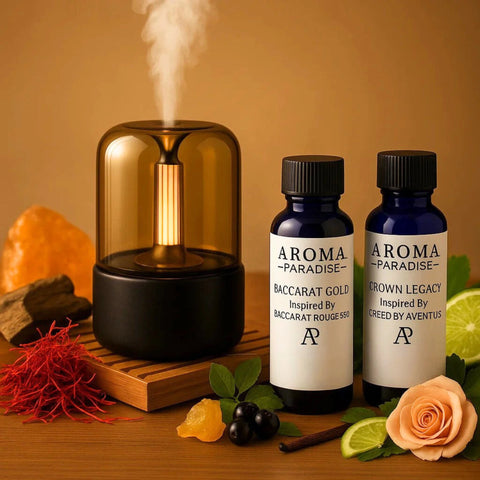 Aroma diffuser and bottles on a wooden surface with decorative elements.