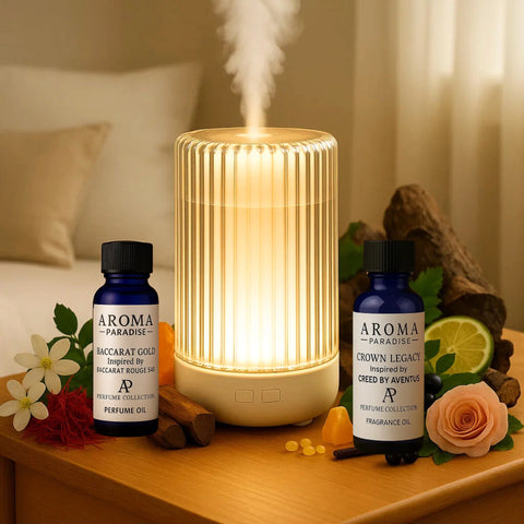 Aromatherapy diffuser emitting steam with two bottles labeled 'Aroma Paradise' on a wooden surface.