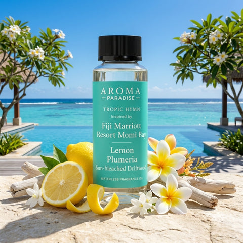 Aroma Paradise Tropic Hymn waterless fragrance oil in an immersive Fiji Marriott Resort Momi Bay inspired destination setting