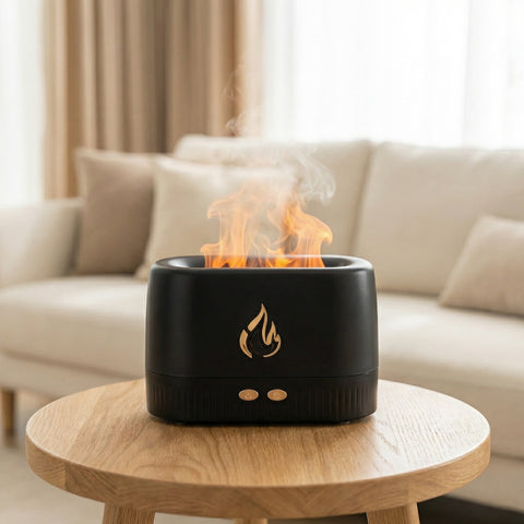 Black Classic Flame diffuser with realistic orange fire effect and flame logo in living room - Aroma Paradise