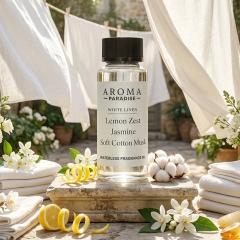 Aroma Paradise White Linen waterless fragrance oil in an immersive sunlit linen courtyard setting