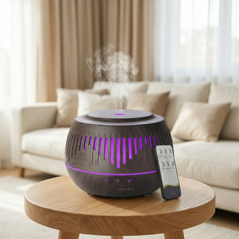 Dark wood grain Bluetooth diffuser with purple LED slats and remote control on side table - Aroma Paradise