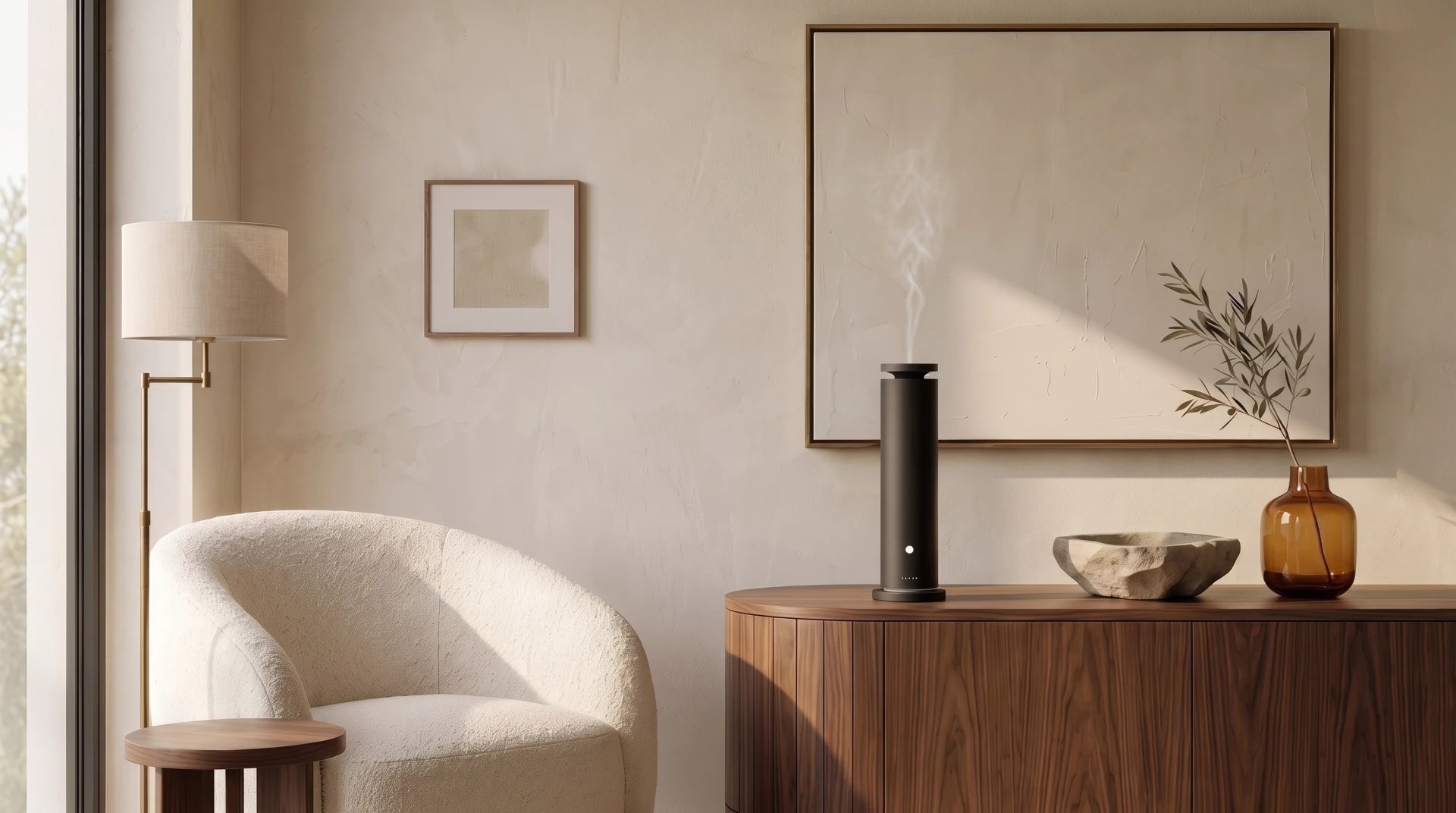 Black Tower Ultra waterless diffuser in a bright living room after the moisture source has been resolved