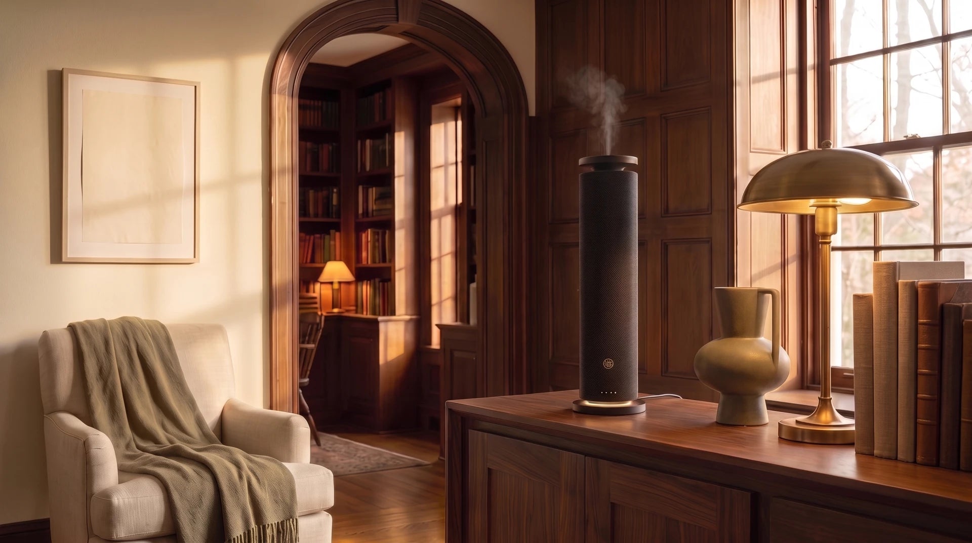 Black Fabric Tower waterless diffuser on a walnut ledge in a restored cream interior