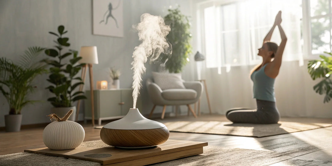 Scent diffuser misting with person doing yoga in the background