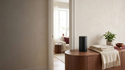Compact black waterless diffuser on a walnut console in a bright apartment