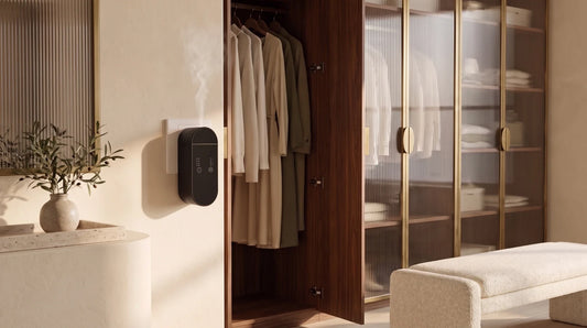 Black Arc Touch waterless diffuser mounted outside an open warm-wood closet