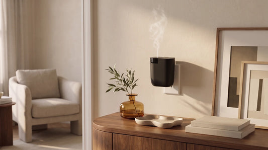 Black Contour Smart Plug-In waterless diffuser in a clean cream and walnut interior after smoke odor removal