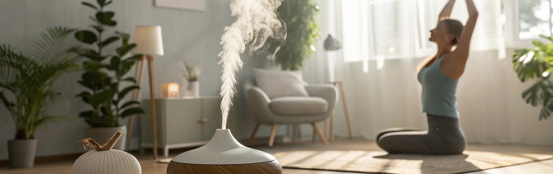 Scent diffuser misting with person doing yoga in the background