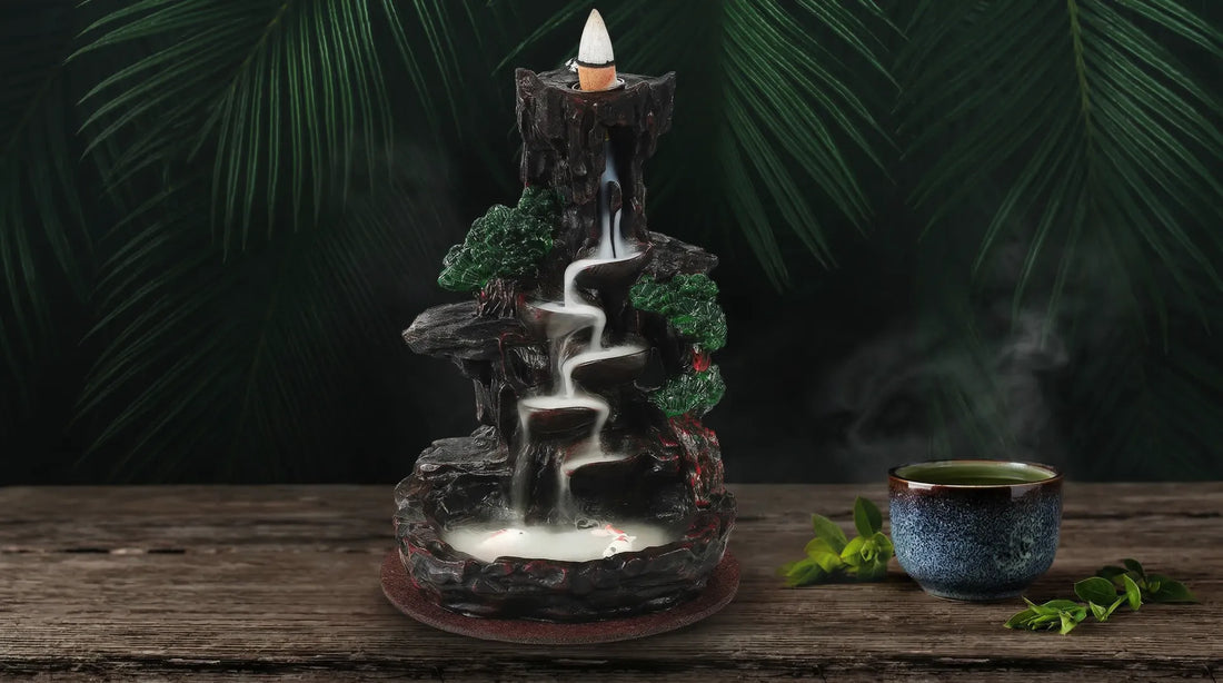 Backflow incense burner with cascading waterfall smoke
