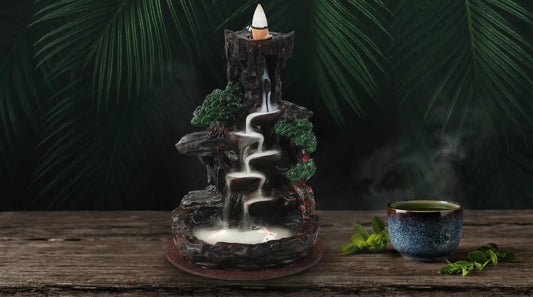 Backflow incense burner with cascading waterfall smoke