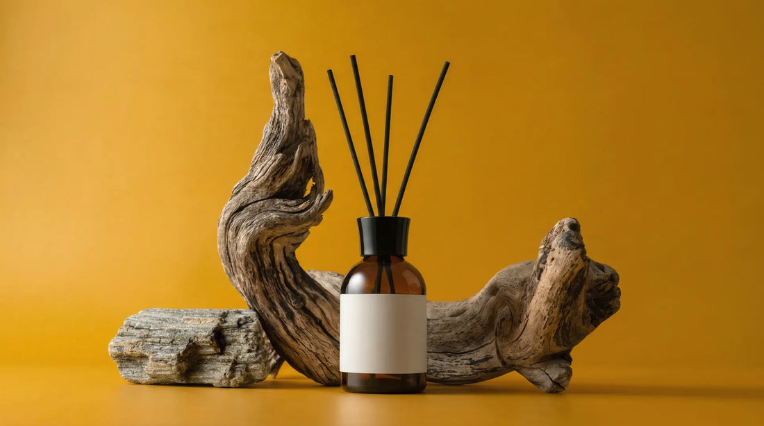 Amber reed diffuser bottle with black sticks and driftwood - DIY reed diffuser guide