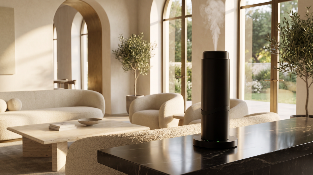 PowerFlow Tower waterless cold air diffuser in a spacious luxury living room