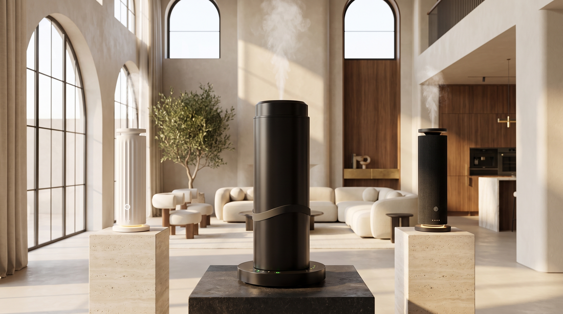 PowerFlow, Tower Pro and Fabric Tower waterless diffusers displayed in a spacious open-plan living room