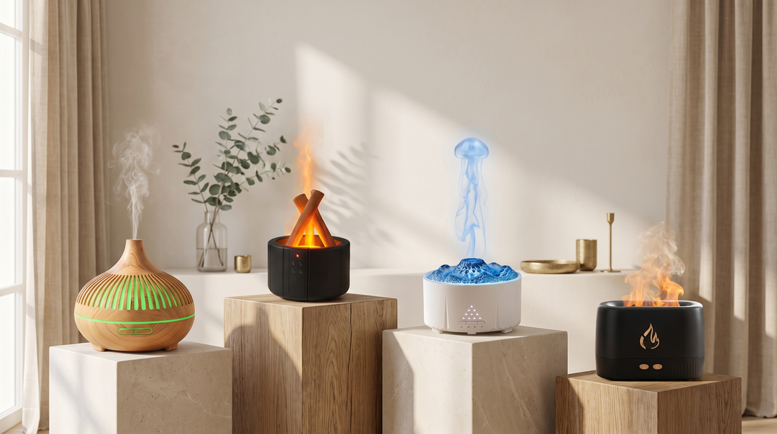 Four Aroma Paradise ultrasonic essential oil diffusers arranged in a warm contemporary interior