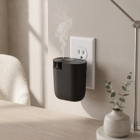 Contour Smart Plug-In black waterless diffuser in a bright designer home office