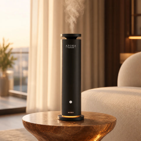 Aroma Paradise Tower Ultra black rechargeable waterless diffuser with front logo in a warm living room