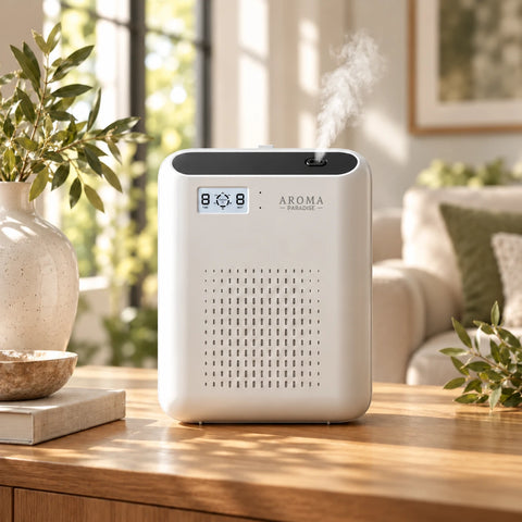 White Portico waterless diffuser with Aroma Paradise logo centered in a sunlit living room