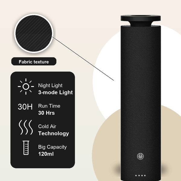 Fabric Tower waterless diffuser feature strip showing fabric texture, night light, 30 hour runtime and 120ml capacity