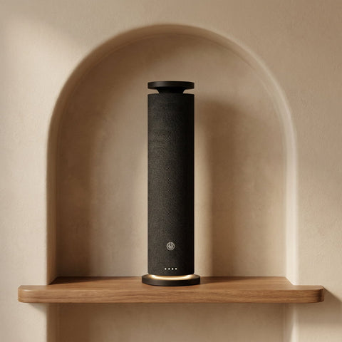 Black Fabric Tower waterless scent diffuser in an architectural niche lifestyle setting
