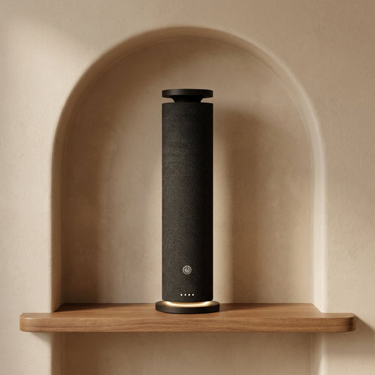 Black Fabric Tower waterless scent diffuser in an architectural niche lifestyle setting