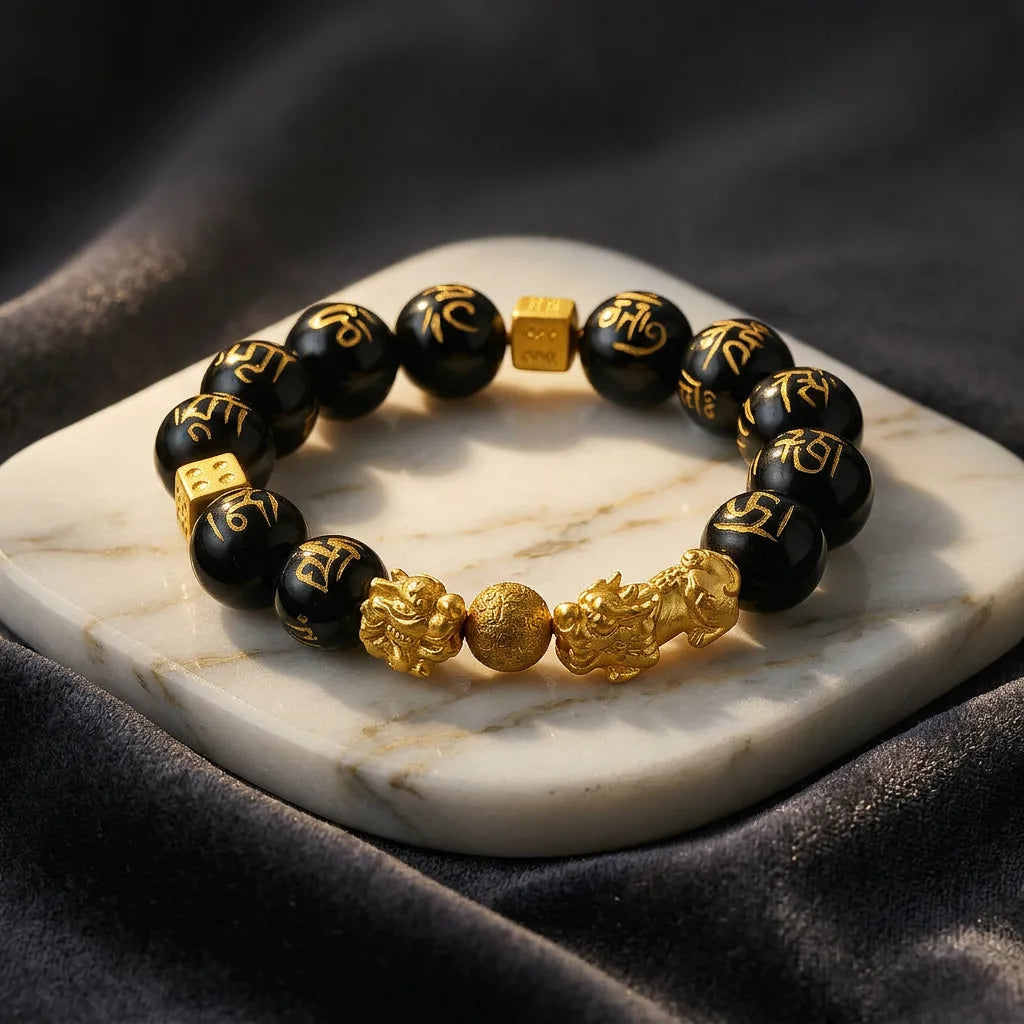 Black Obsidian Wealth Bracelet with Square Blocks - Double Dragon — view 1